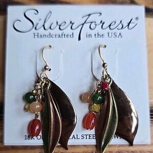Silver Forest Gold and Bronze Leaf Earrings with Colorful Beads